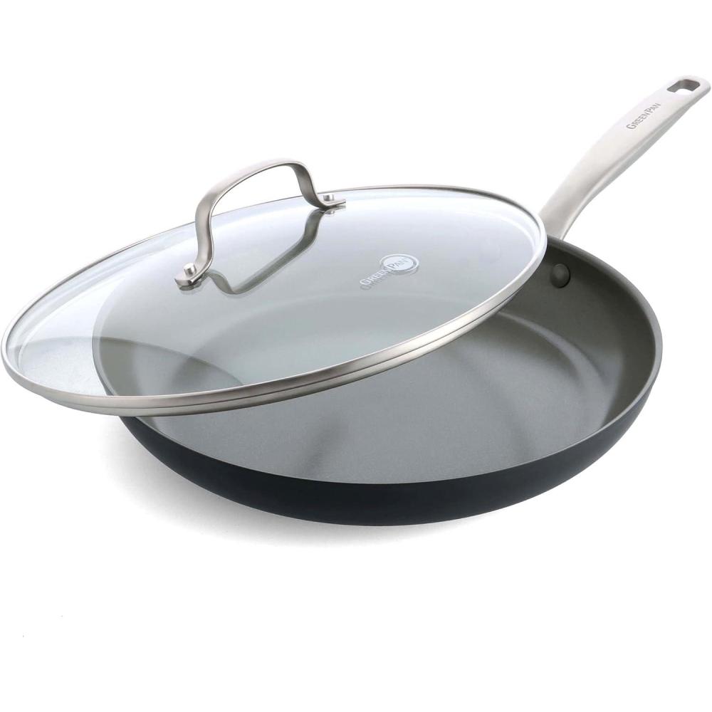 GreenPan Chatham Hard Anodized Healthy Ceramic Nonstick, 10″ Frying Pan Skillet, PFAS-Free, Dishwasher Safe, Oven Safe, Gray(12″ Frying Pan Skillet with Lid)