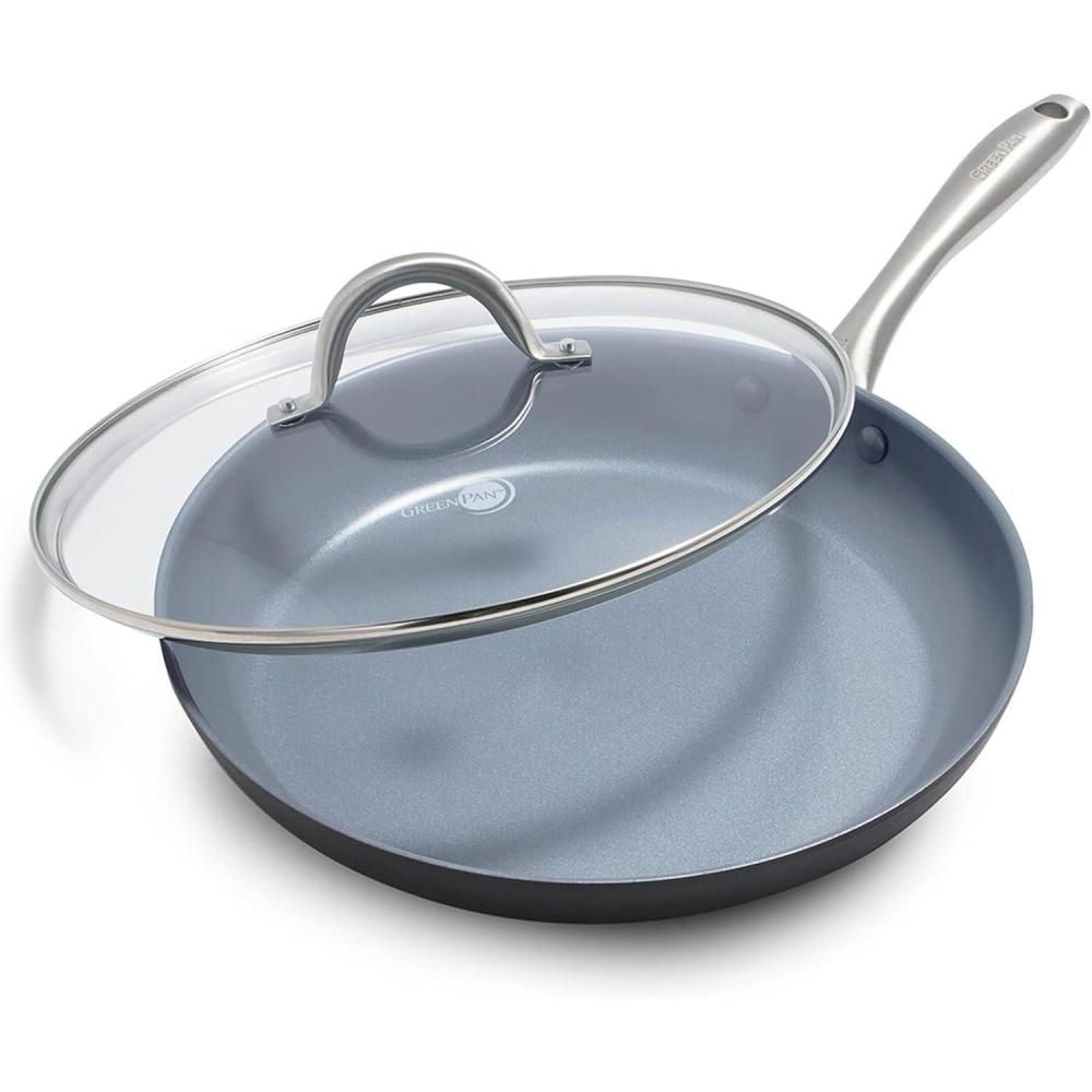 GreenPan Lima Hard Anodized 10″ Frying Pan Skillet, Wood Spatula, Ceramic Nonstick, PFAS-Free Nontoxic Pots and Pans, Oven & Broiler Safe, Stainless Steel Handle, Cookware for Eggs & Omelet, Gray(12″ Frying Pan Skillet)