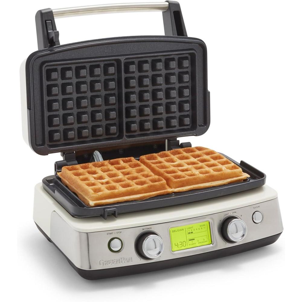 GreenPan Elite 4-Square Belgian & Classic Waffle Maker,Healthy Ceramic Nonstick Dishwasher Safe Plates, Adjustable Shade/Crunch Control, Wont Overflow, Easy Cleanup Breakfast, PFAS-Free, White(Cream White)