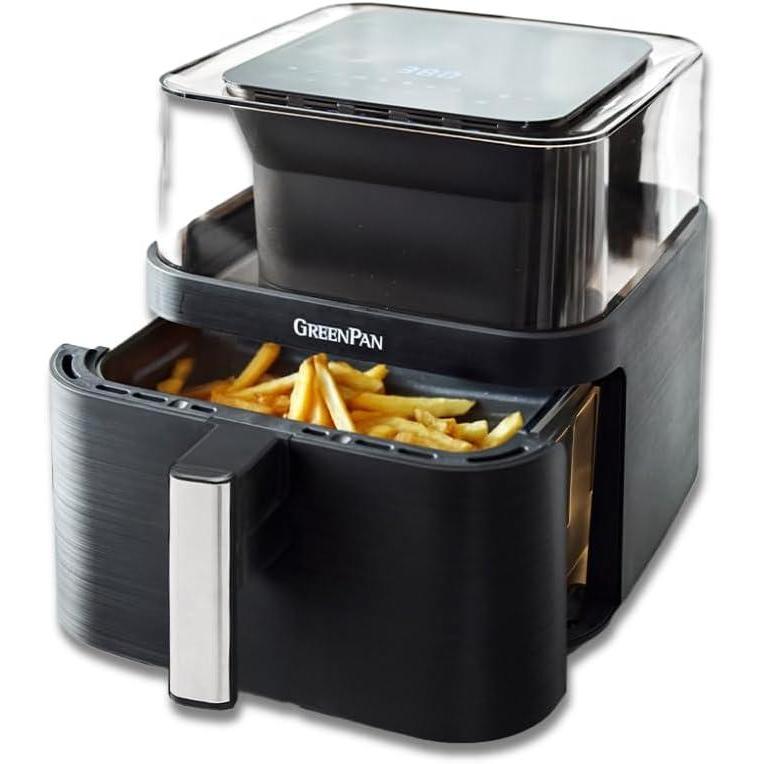 GreenPan Clearview Extra Large 7QT Air Fryer, 360° Clear Window, PFAS-Free Ceramic Nonstick Drawer and Tray, Heat to 400°F, 13-Presets, Shake Reminder, Keep Warm, Delay Start, Dishwasher Safe Parts(Black)