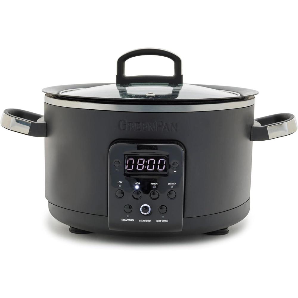 GreenPan 6-in-1 4QT Electric Ceramic Slow Cooker with Glass Lid, Multifunction Presets, Hard Anodized PFAS-Free Removeable Nonstick Crock, Dishwasher Safe, Auto Warm, Delay Timer, Stews, Reheat, Black