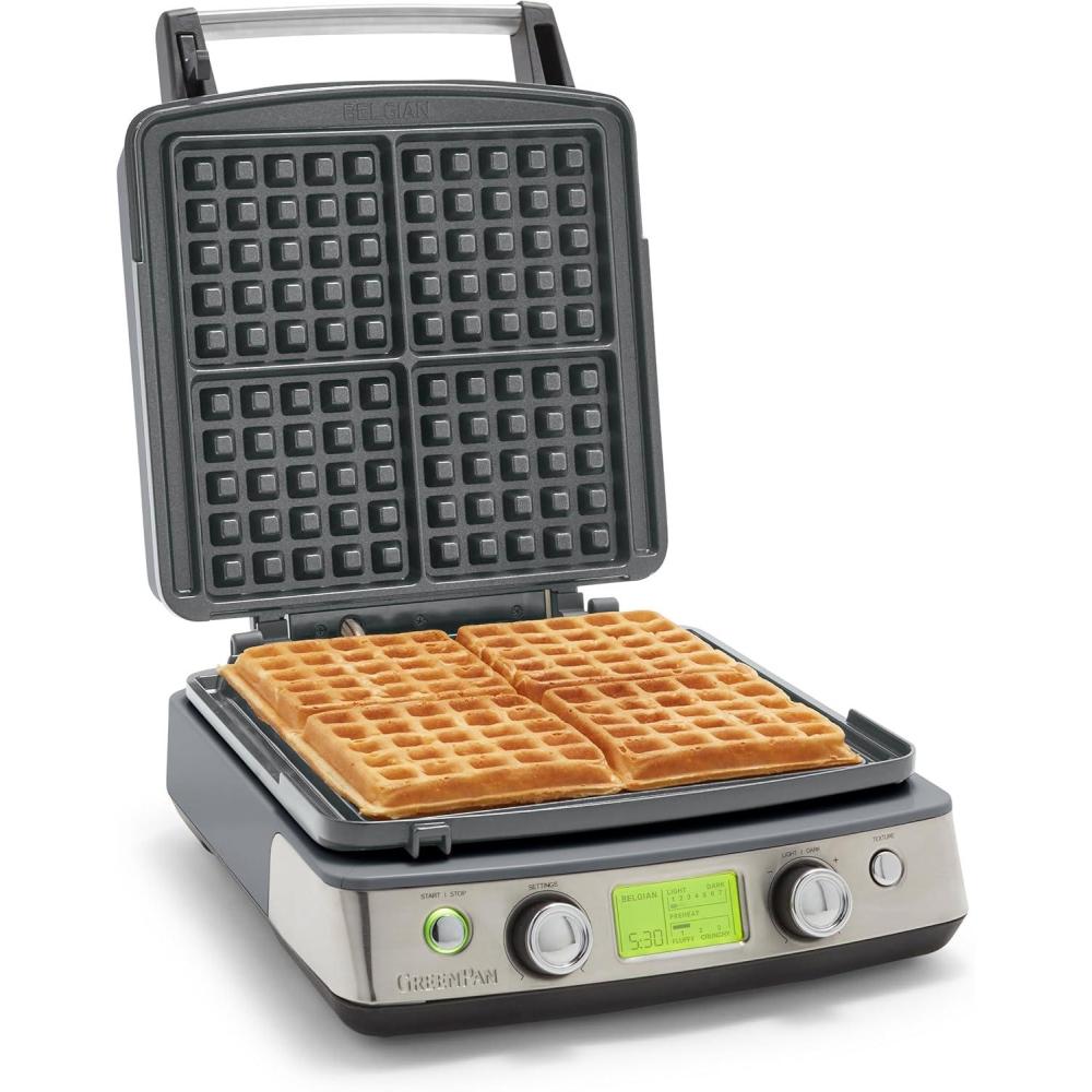 GreenPan Elite 4-Square Belgian & Classic Waffle Maker,Healthy Ceramic Nonstick Dishwasher Safe Plates, Adjustable Shade/Crunch Control, Wont Overflow, Easy Cleanup Breakfast, PFAS-Free, White(Graphite)