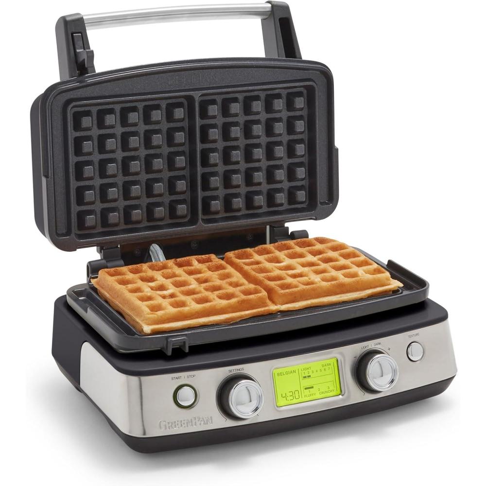 GreenPan Elite 4-Square Belgian & Classic Waffle Maker,Healthy Ceramic Nonstick Dishwasher Safe Plates, Adjustable Shade/Crunch Control, Wont Overflow, Easy Cleanup Breakfast, PFAS-Free, White(Black)