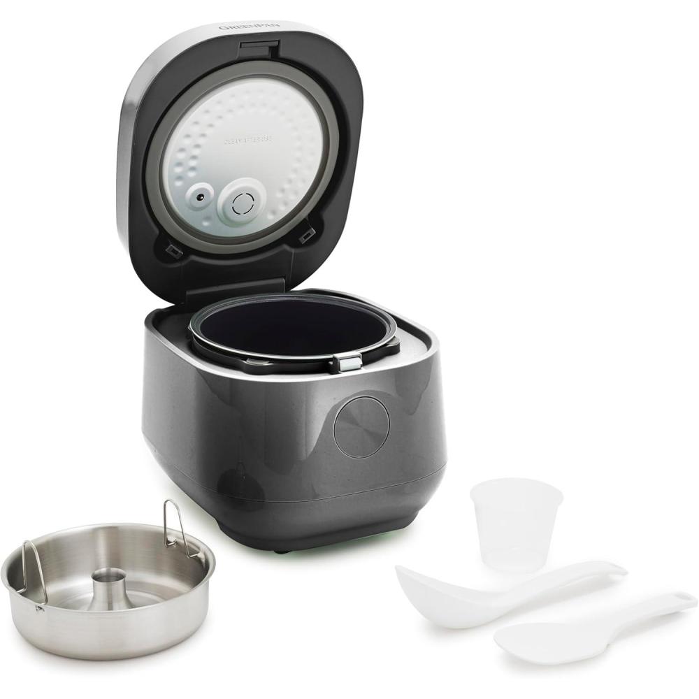 GreenPan Carb Reducing Electric Rice Cooker, 4 Cups Uncooked/8 Cooked Rice, 10 Presets, LED Display, Healthier Meals, Delay Timer, PFAS-Free Ceramic Nonstick Removable Bowl, Cool Touch, Steam, Cream(Graphite)