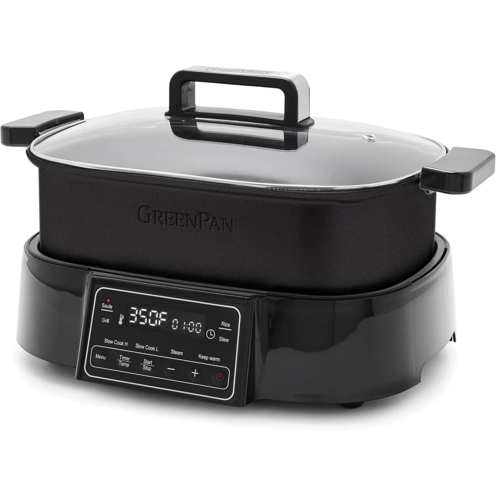 GreenPan 6.5QT Multi-Cooker Skillet Grill & Slow Cooker, 8-in-1 Presets to Saute,Steam, Grill, Stew, Stir-Fry,Heat, & Cook Rice, Healthy Ceramic Nonstick & Dishwasher Safe Parts, Matte Black