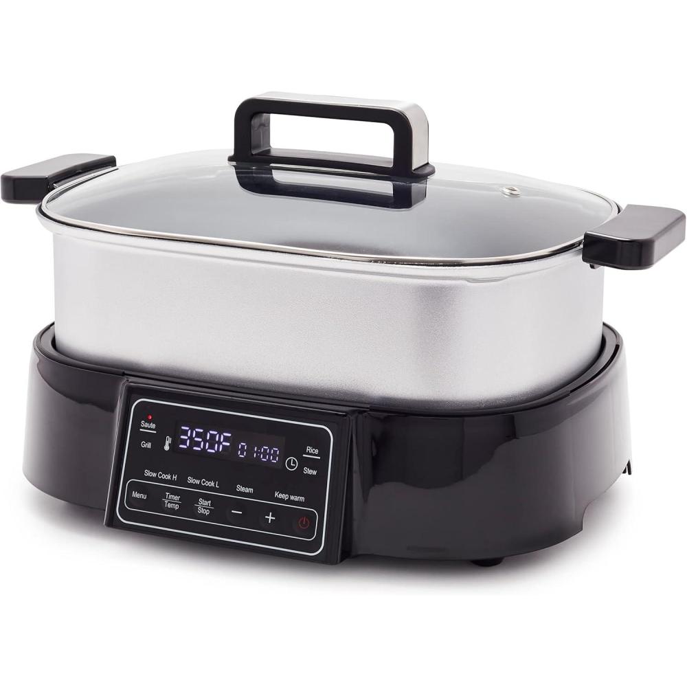 GreenPan Stainless Steel 8-in-1 Skillet Grill & Slow Cooker, Presets to Saute Steam Stir-Fry and Cook Rice, Healthy Ceramic Nonstick and Dishwasher Safe Parts, Easy-to-use LED Display(Stainless Steel)