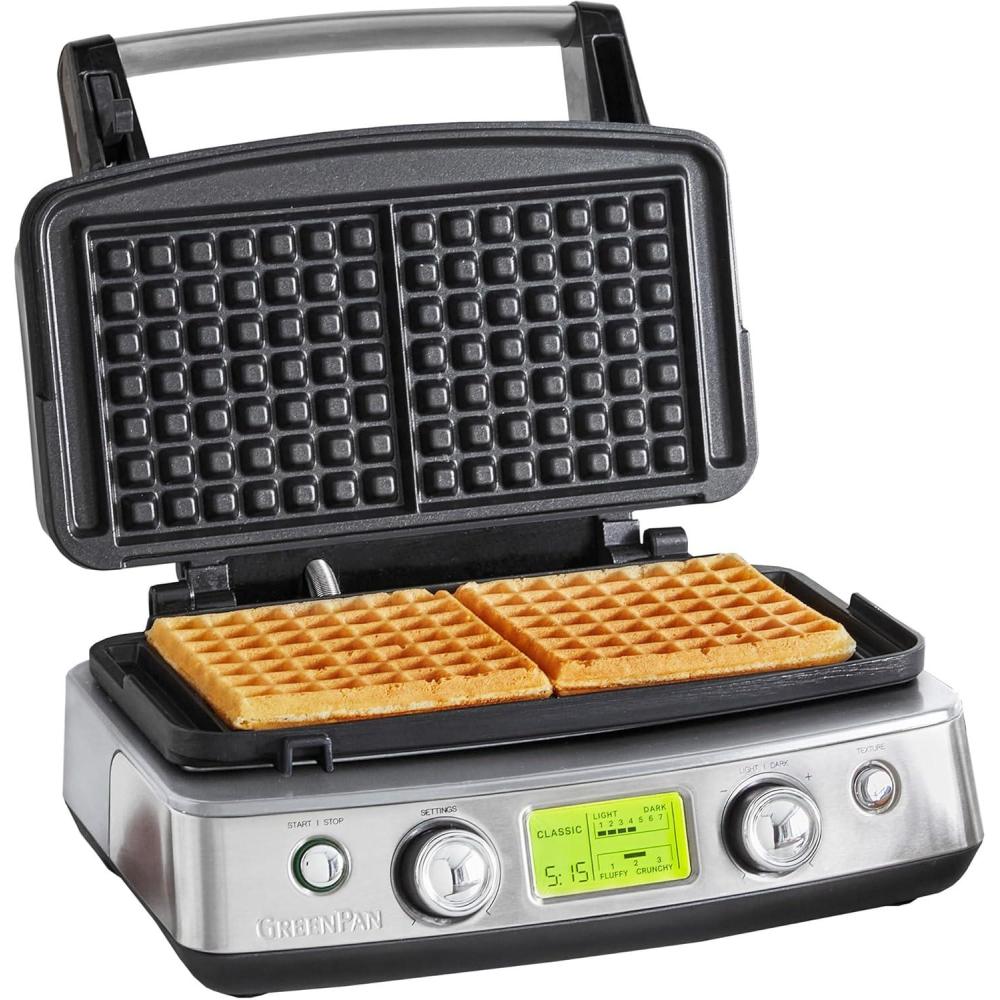 GreenPan Elite 4-Square Belgian & Classic Waffle Maker,Healthy Ceramic Nonstick Dishwasher Safe Plates, Adjustable Shade/Crunch Control, Wont Overflow, Easy Cleanup Breakfast, PFAS-Free, White(Stainless Steel)