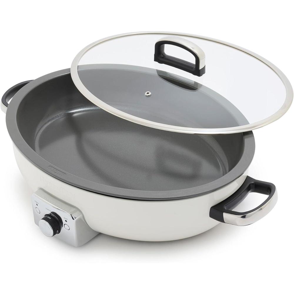 GreenPan Elite 5.5QT Electric Oval Skillet, PFAS-Free Ceramic Nonstick, 1800 Watt, Dishwasher Safe Lid & Removable Crock, Adjustable Temp Control Multi-Cooker, Sear, Sauté, Rice, Stir-Fry, Cream White(Cream White)