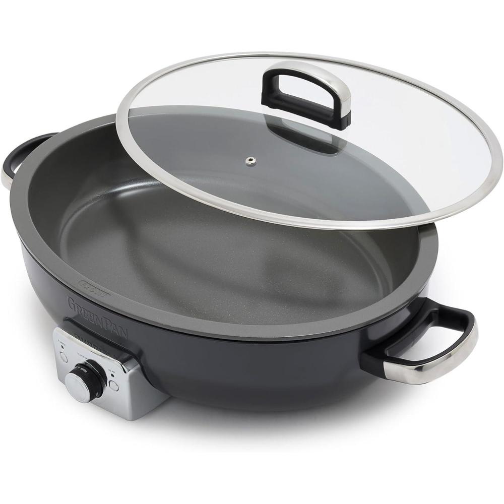 GreenPan Elite 5.5QT Electric Oval Skillet, PFAS-Free Ceramic Nonstick, 1800 Watt, Dishwasher Safe Lid & Removable Crock, Adjustable Temp Control Multi-Cooker, Sear, Sauté, Rice, Stir-Fry, Cream White(Gray)