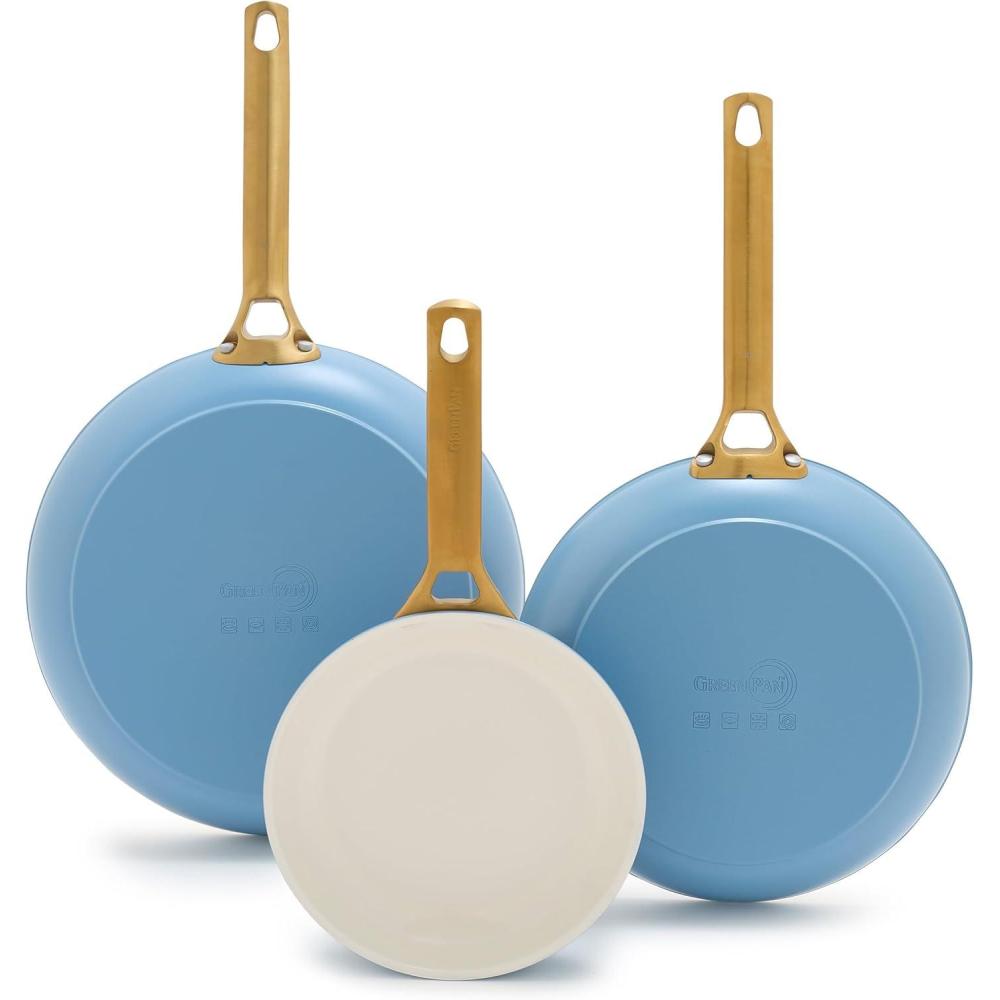 GreenPan Hard Anodized Healthy Ceramic Nonstick, 8″ 10″ and 12″ 3 Piece Frying Pan Skillet Set, Gold Handle, PFAS-Free, Dishwasher Safe, Oven Safe, Sage(Sky Blue)
