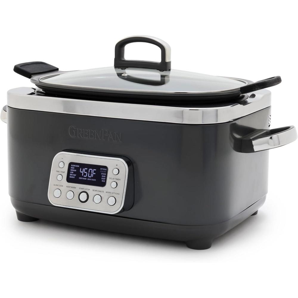 GreenPan Elite 14-in-1 Nonstick 6QT Electric Slow Cooker, PFAS-Free Ceramic Multi-Cooker, In-Pot Browning, Dishwasher Safe Lid & Removable Crock, Stainless Steel Steamer, Silicone Handles, Black(Graphite)