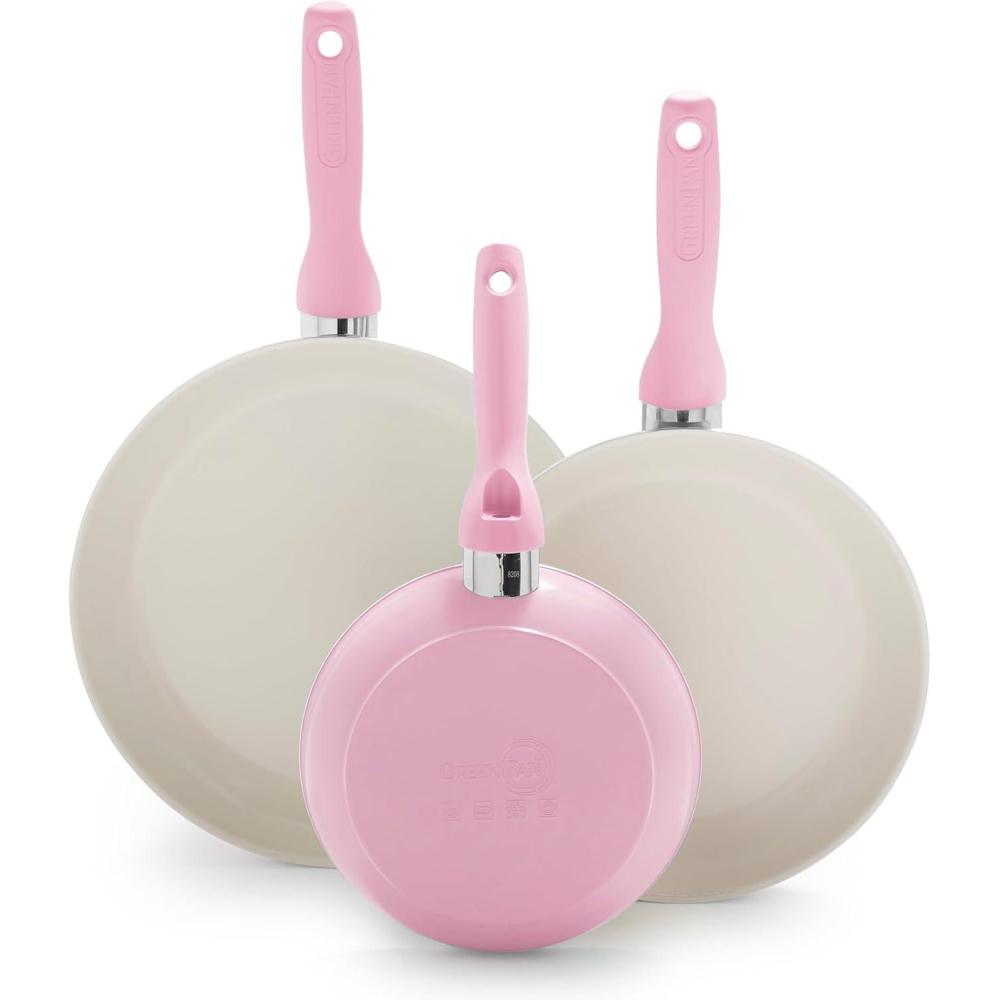 GreenPan Rio Hard Anodized Healthy Ceramic Nonstick, 7″ 9.5″ and 11″ 3 Piece Frying Pan Skillet Set, Soft Grip Handle, PFAS-Free, Dishwasher Safe, Oven Safe, Pink(Pink)