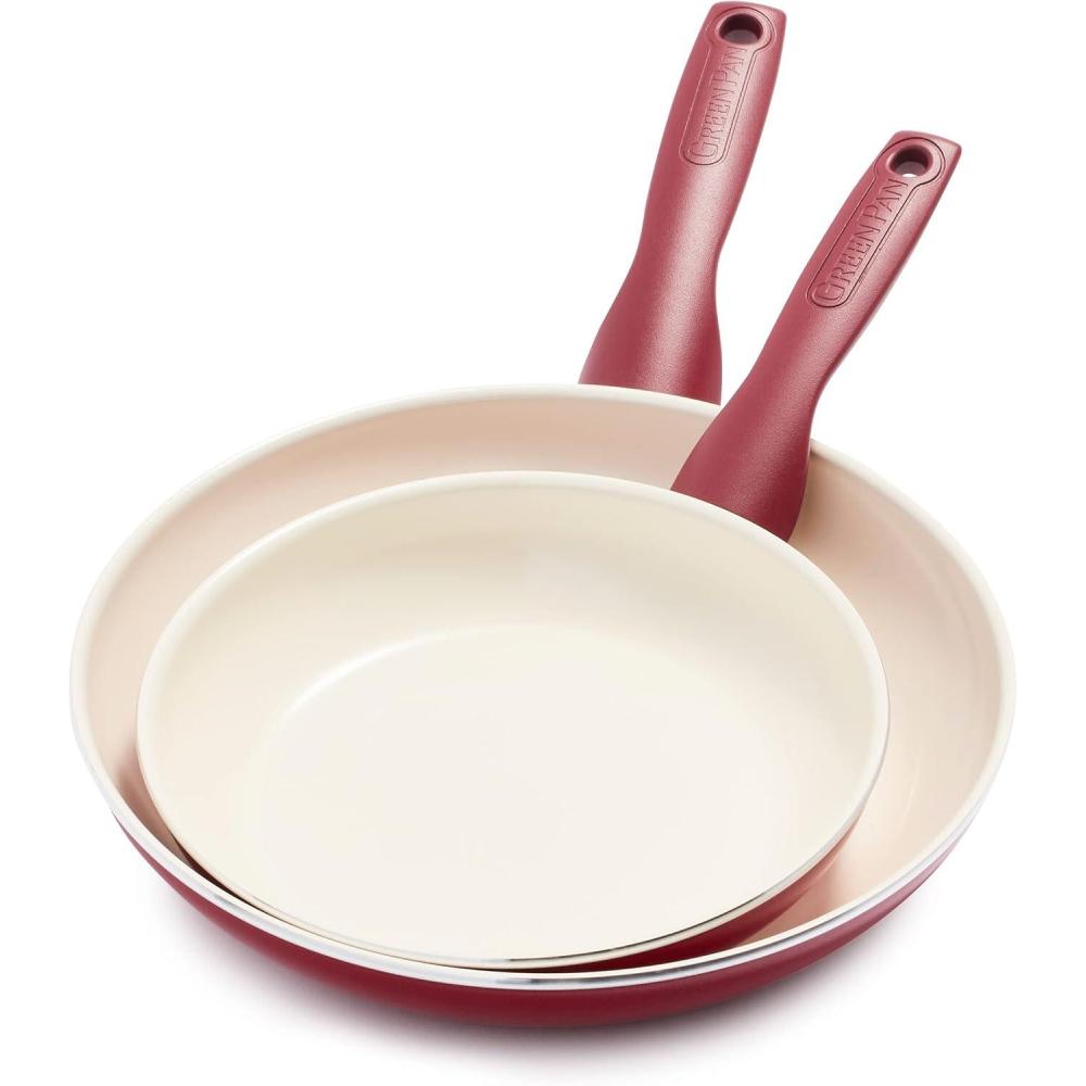 GreenPan Rio Hard Anodized Healthy Ceramic Nonstick, 7″ 9.5″ and 11″ 3 Piece Frying Pan Skillet Set, Soft Grip Handle, PFAS-Free, Dishwasher Safe, Oven Safe, Pink(Red)