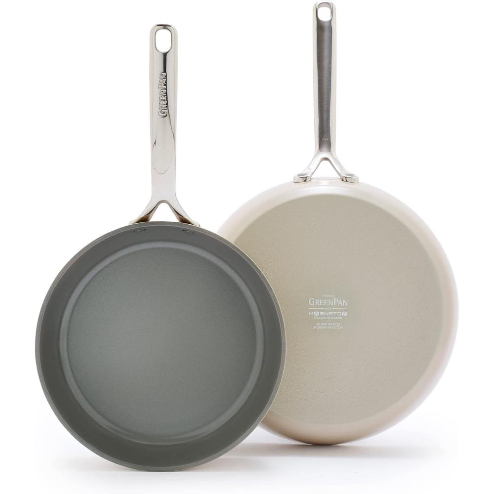 GreenPan GP5 Hard Anodized Healthy Ceramic Nonstick 9.5 & 11 2 Piece Frying Pan Skillet Set,Heavy Gauge Scratch Resistant,Stay-Flat Surface, Induction, Mirror Finish Handle,Oven Safe,PFAS-Free,Taupe(Taupe)
