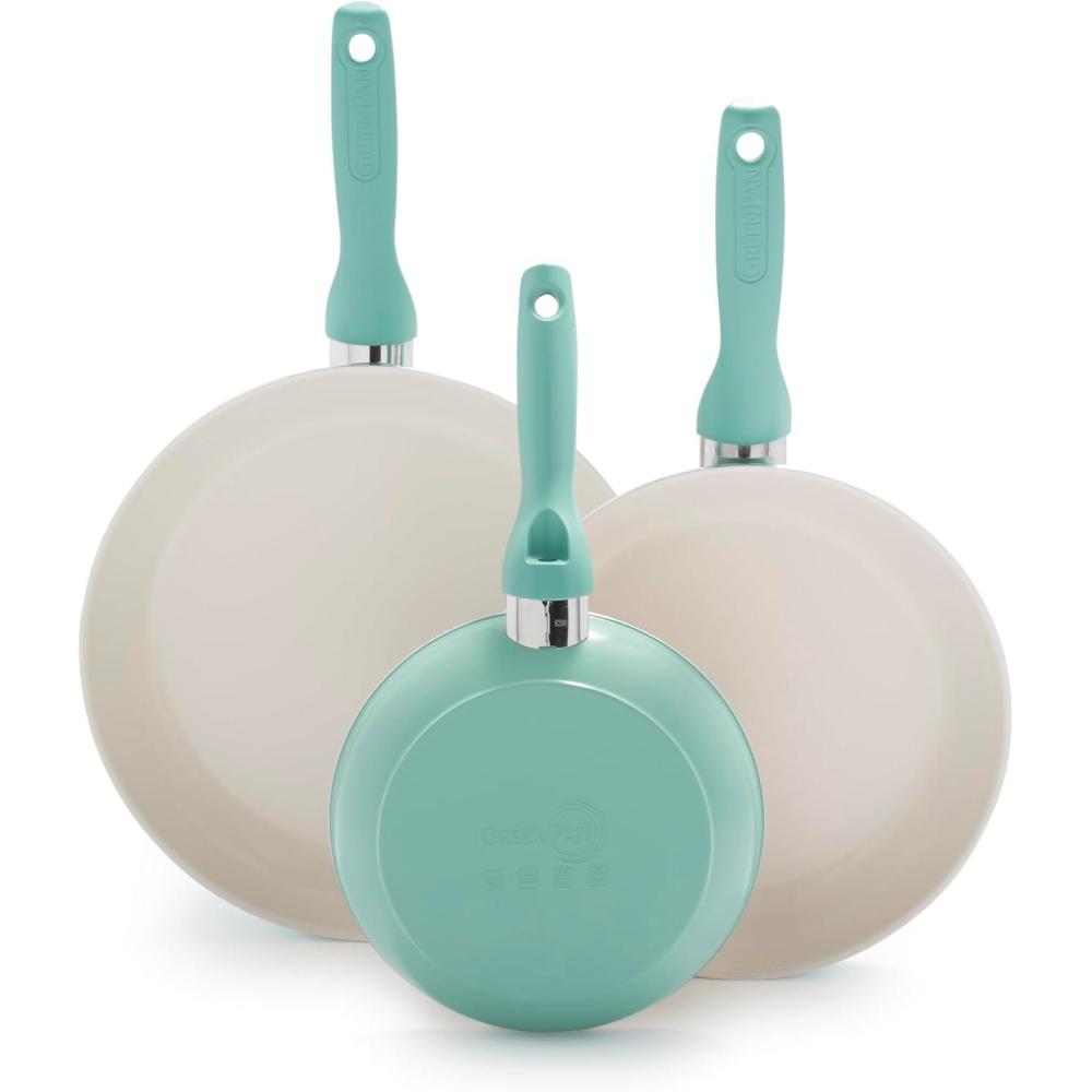 GreenPan Rio Hard Anodized Healthy Ceramic Nonstick, 7″ 9.5″ and 11″ 3 Piece Frying Pan Skillet Set, Soft Grip Handle, PFAS-Free, Dishwasher Safe, Oven Safe, Pink(Turquoise)