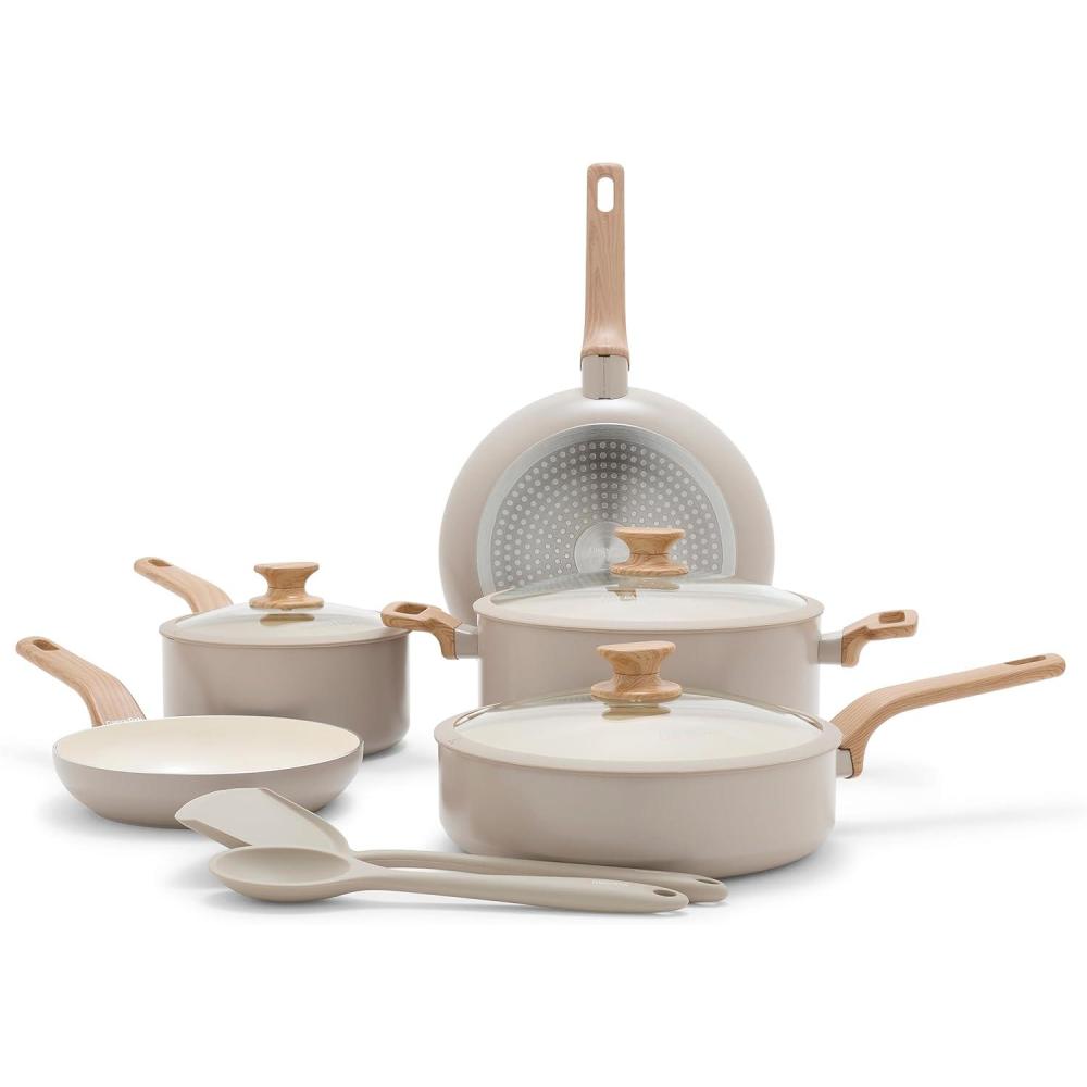GreenPan Rio Essence Wood 10 Piece Cookware Pots and Pans Set, Healthy Ceramic Nonstick, PFOA & PFAS-Free Coating, Induction, Silicone Rim Lids, Stay-Cool Wood Print Handles, Dishwasher Safe, Taupe(Taupe)