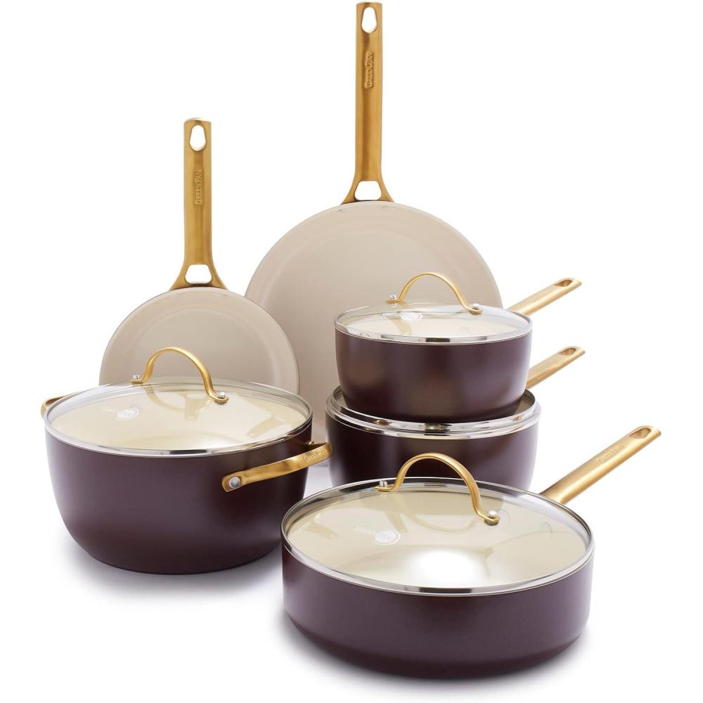 GreenPan Hard Anodized Healthy Ceramic Nonstick 10 Piece Cookware Pots and Pans Set, Gold-Tone Stainless Steel Handles, PFAS & PFOA-Free, Dishwasher Safe, Oven & Broiler Safe, Sage Green(Merlot Purple)