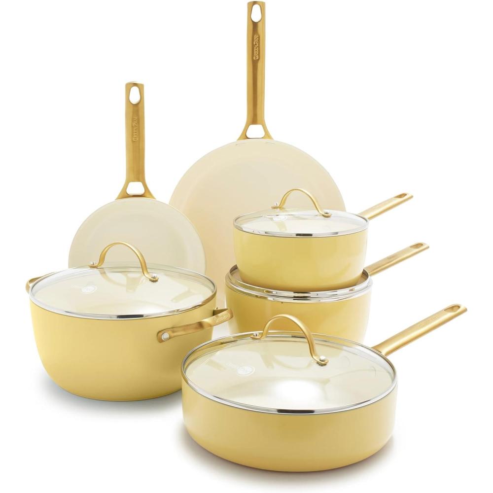 GreenPan Hard Anodized Healthy Ceramic Nonstick 10 Piece Cookware Pots and Pans Set, Gold-Tone Stainless Steel Handles, PFAS & PFOA-Free, Dishwasher Safe, Oven & Broiler Safe, Sage Green(Sunrise Yellow)