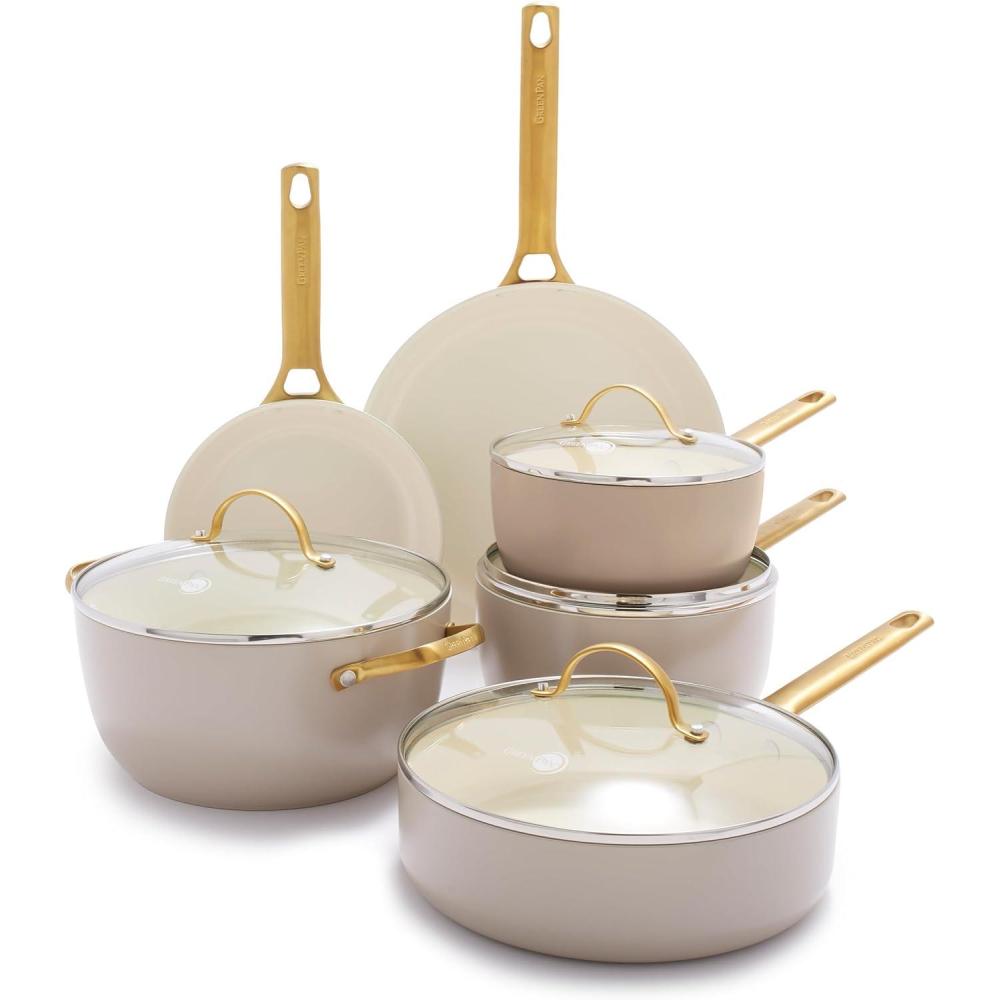 GreenPan Hard Anodized Healthy Ceramic Nonstick 10 Piece Cookware Pots and Pans Set, Gold-Tone Stainless Steel Handles, PFAS & PFOA-Free, Dishwasher Safe, Oven & Broiler Safe, Sage Green(Taupe Brown)