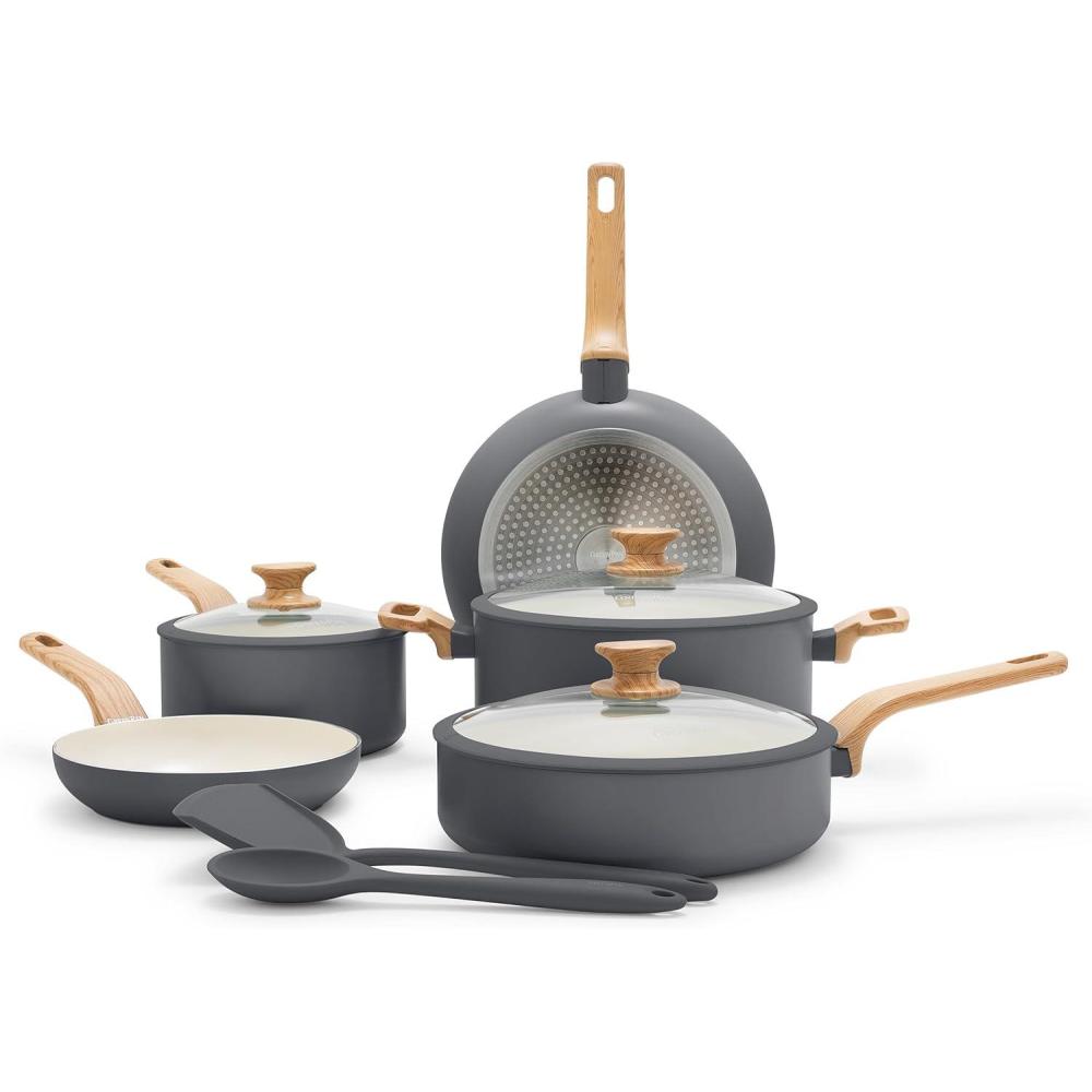 GreenPan Rio Essence Wood 10 Piece Cookware Pots and Pans Set, Healthy Ceramic Nonstick, PFOA & PFAS-Free Coating, Induction, Silicone Rim Lids, Stay-Cool Wood Print Handles, Dishwasher Safe, Taupe(Gray)