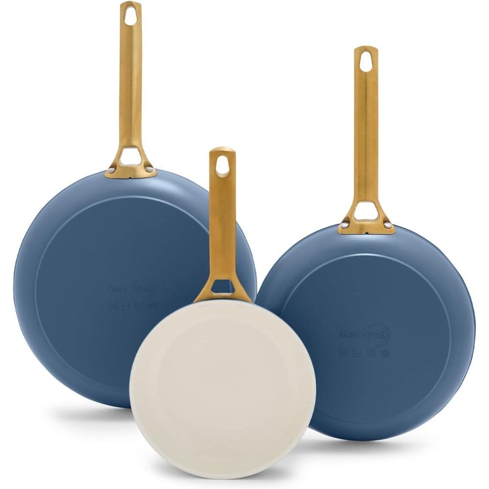 GreenPan Hard Anodized Healthy Ceramic Nonstick 8″ 10″ & 12″ 3 Piece Frying Pan Skillet Set, Gold Handle, PFAS-Free, Dishwasher Safe, Oven Safe, Cream White(Ocean Blue)