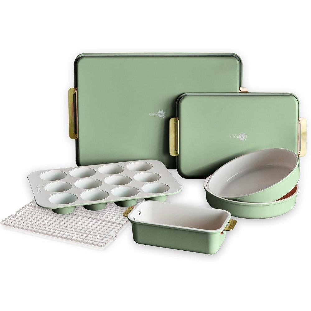 GreenPan Bakeware Set, 7 Piece Nonstick Ceramic Gold Handle Baking Sheets, Cake Pans, Loaf Pan, Muffin Tin, Cooling Rack, PFAS & BPA Free, Freezer to Oven Dish, Bake & Roast Ovenware, Sage Green(Sage Green)