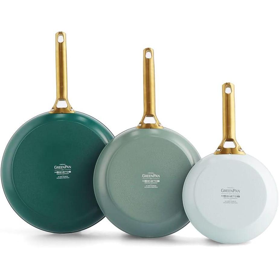 GreenPan Hard Anodized Healthy Ceramic Nonstick 8″ 10″ and 12″ 3 Piece Frying Pan Skillet Set, Gold Handle, Induction, PFAS-Free, Dishwasher Safe, Oven Safe, Twilight Blue(Sea Green Mix)
