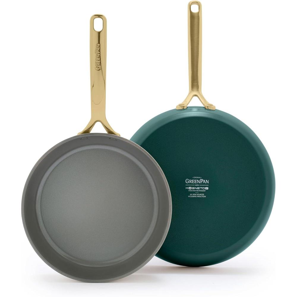 GreenPan GP5 Hard Anodized Healthy Ceramic Nonstick 9.5 & 11 2 Piece Frying Pan Skillet Set,Heavy Gauge Scratch Resistant,Stay-Flat Surface, Induction, Mirror Finish Handle,Oven Safe,PFAS-Free,Taupe(Rainforest Green)