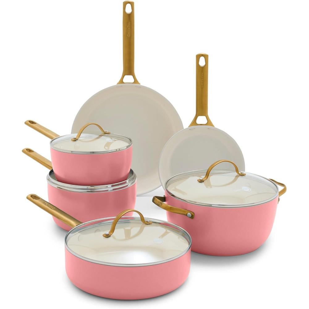 GreenPan Hard Anodized Healthy Ceramic Nonstick 10 Piece Cookware Pots and Pans Set, Gold-Tone Stainless Steel Handles, PFAS & PFOA-Free, Dishwasher Safe, Oven & Broiler Safe, Sage Green(Coral)