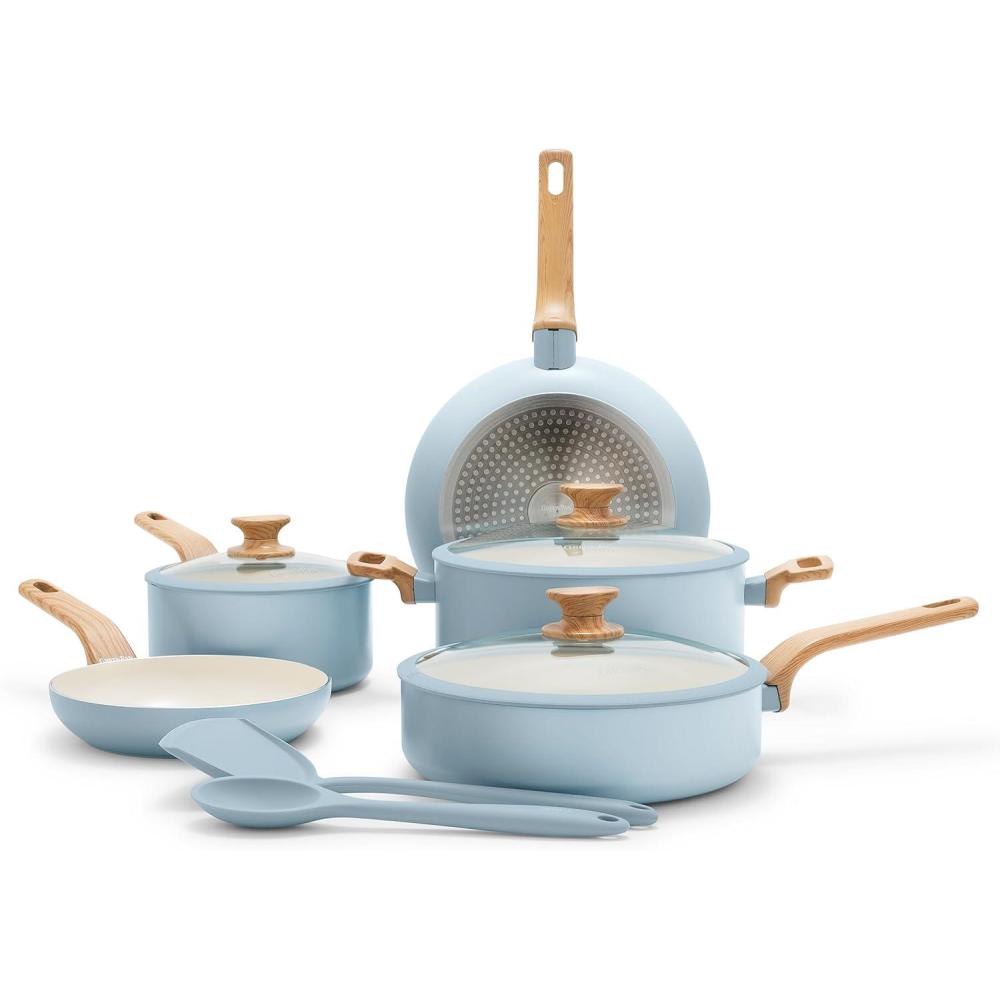 GreenPan Rio Essence Wood 10 Piece Cookware Pots and Pans Set, Healthy Ceramic Nonstick, PFOA & PFAS-Free Coating, Induction, Silicone Rim Lids, Stay-Cool Wood Print Handles, Dishwasher Safe, Taupe(Blue Haze)