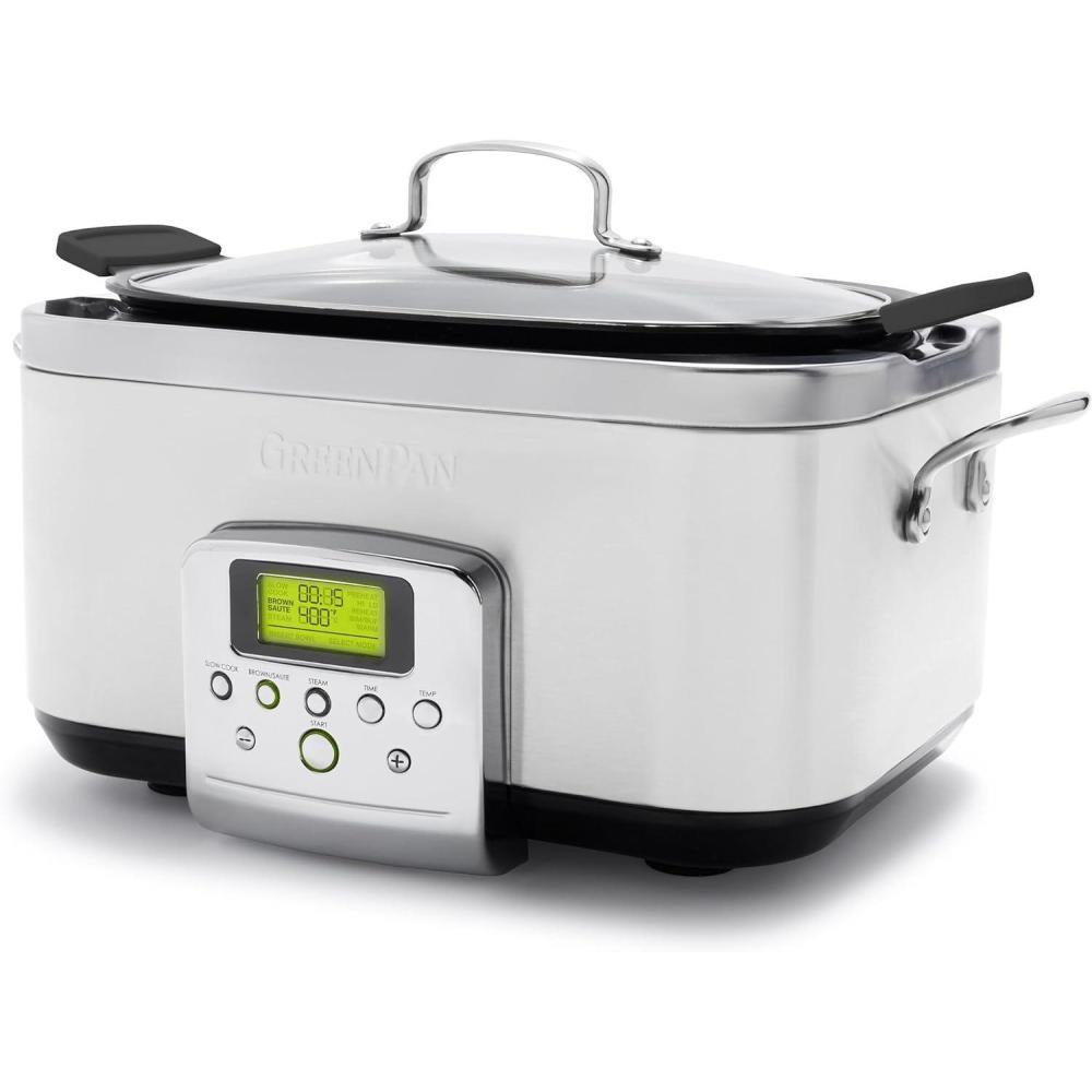 GreenPan Elite 8-in-1 Programmable 6QT Electric Slow Cooker, Dishwasher Safe Lid & Removable Crock, PFAS-Free Healthy Ceramic Nonstick Multi-Cooker, Sear, Sauté, Brown, Steam Basket, Roast, Gold(White)