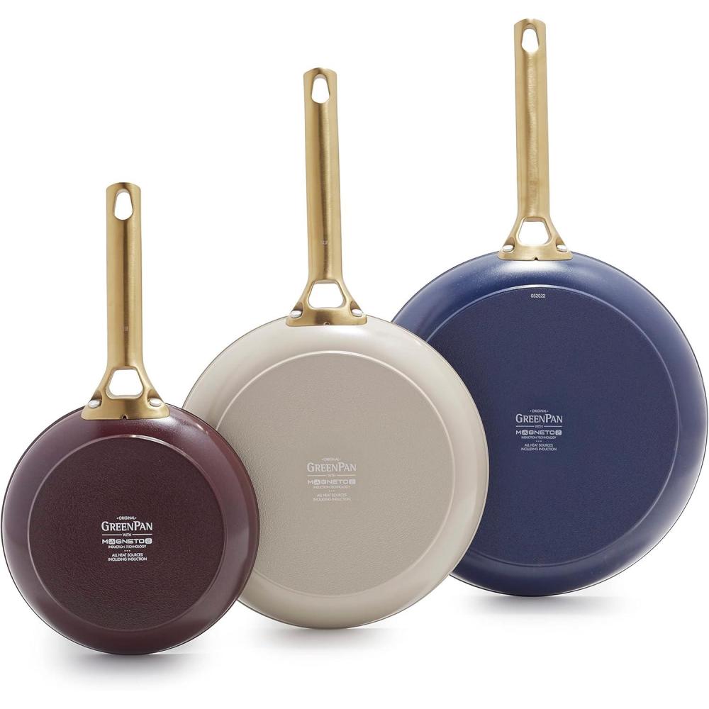 GreenPan Hard Anodized Healthy Ceramic Nonstick 8″ 10″ and 12″ 3 Piece Frying Pan Skillet Set, Gold Handle, Induction, PFAS-Free, Dishwasher Safe, Oven Safe, Twilight Blue(Multi Color Mix)