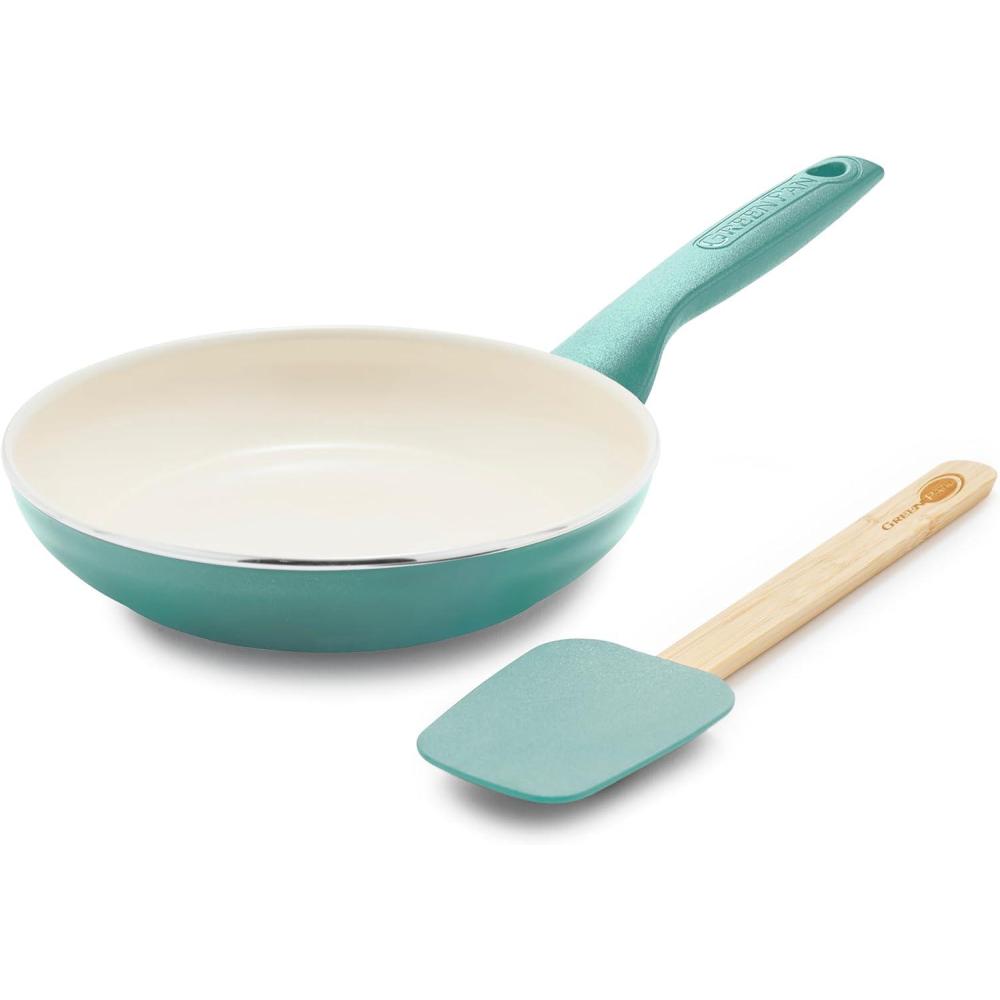 GreenPan Rio Healthy Ceramic Nonstick 8″ Frying Pan Skillet and Silicone Spatula Set, Soft Grip Handle, Breaktfast Meal Set, PFAS-Free, Dishwasher Safe, Oven Safe, Oxford Blue(Turquoise)