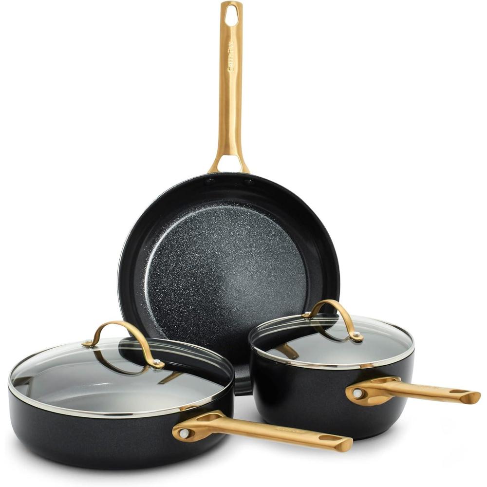 GreenPan Hard Anodized Healthy Ceramic Nonstick 10 Piece Cookware Pots and Pans Set, Gold-Tone Stainless Steel Handles, PFAS & PFOA-Free, Dishwasher Safe, Oven & Broiler Safe, Sage Green(Black)
