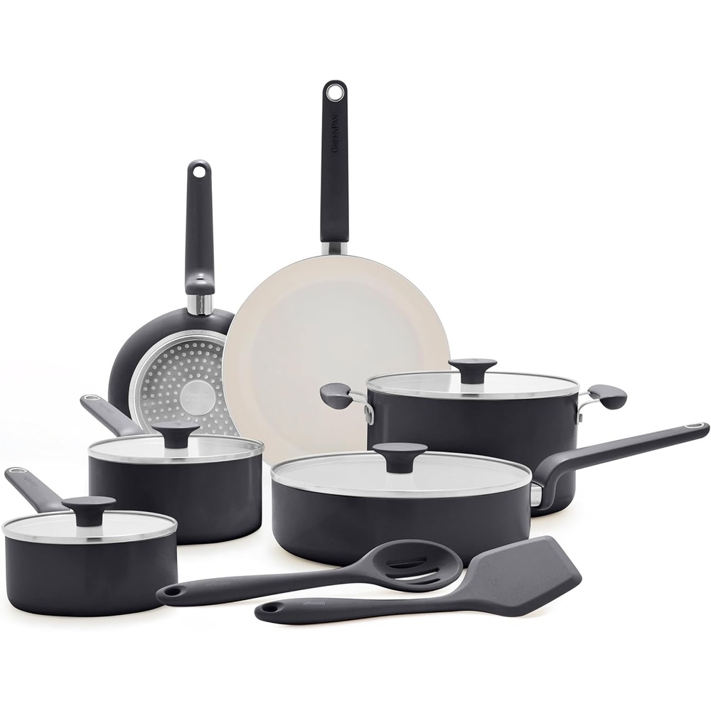 GreenPan Rio Advanced 12 Piece Cookware Set, Ceramic Nonstick PFAS-Free Pots & Pans with Cooking Utensils, Induction Ready, Dishwasher & Oven Safe, Pink(Black)