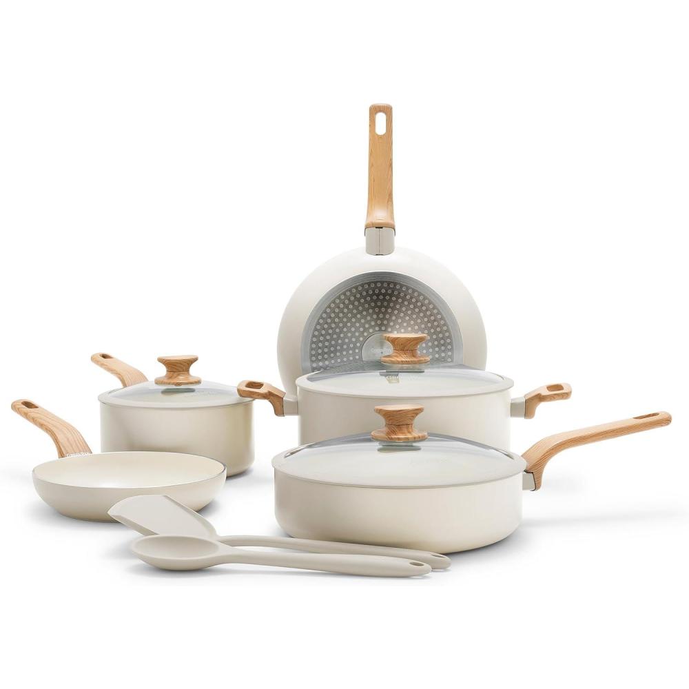 GreenPan Rio Essence Wood 10 Piece Cookware Pots and Pans Set, Healthy Ceramic Nonstick, PFOA & PFAS-Free Coating, Induction, Silicone Rim Lids, Stay-Cool Wood Print Handles, Dishwasher Safe, White(White)