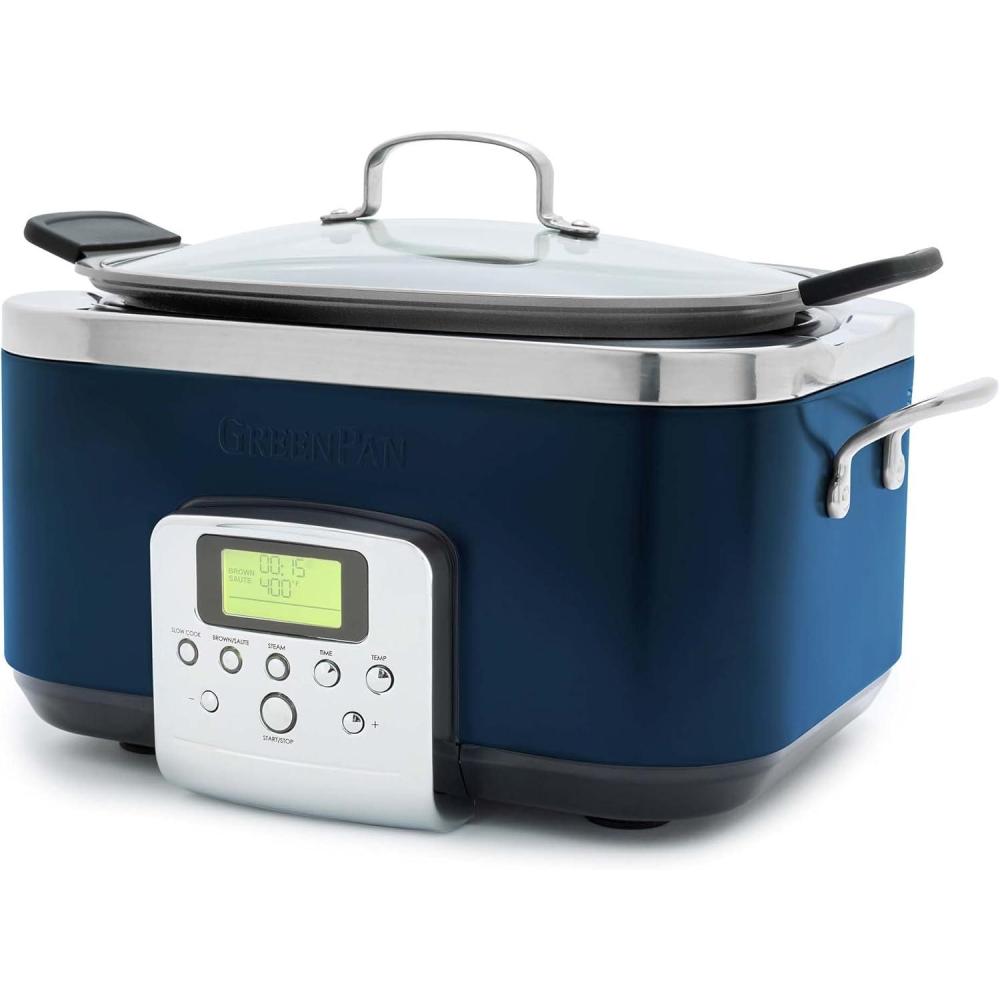 GreenPan Elite 8-in-1 Programmable 6QT Electric Slow Cooker, Dishwasher Safe Lid & Removable Crock, PFAS-Free Healthy Ceramic Nonstick Multi-Cooker, Sear, Sauté, Brown, Steam Basket, Roast, Gold(Oxford Blue)