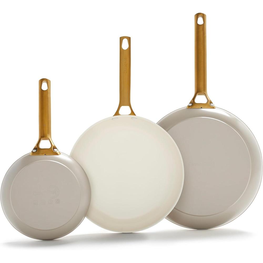 GreenPan Hard Anodized Healthy Ceramic Nonstick 8″ 10″ & 12″ 3 Piece Frying Pan Skillet Set, Gold Handle, PFAS-Free, Dishwasher Safe, Oven Safe, Cream White(Taupe)