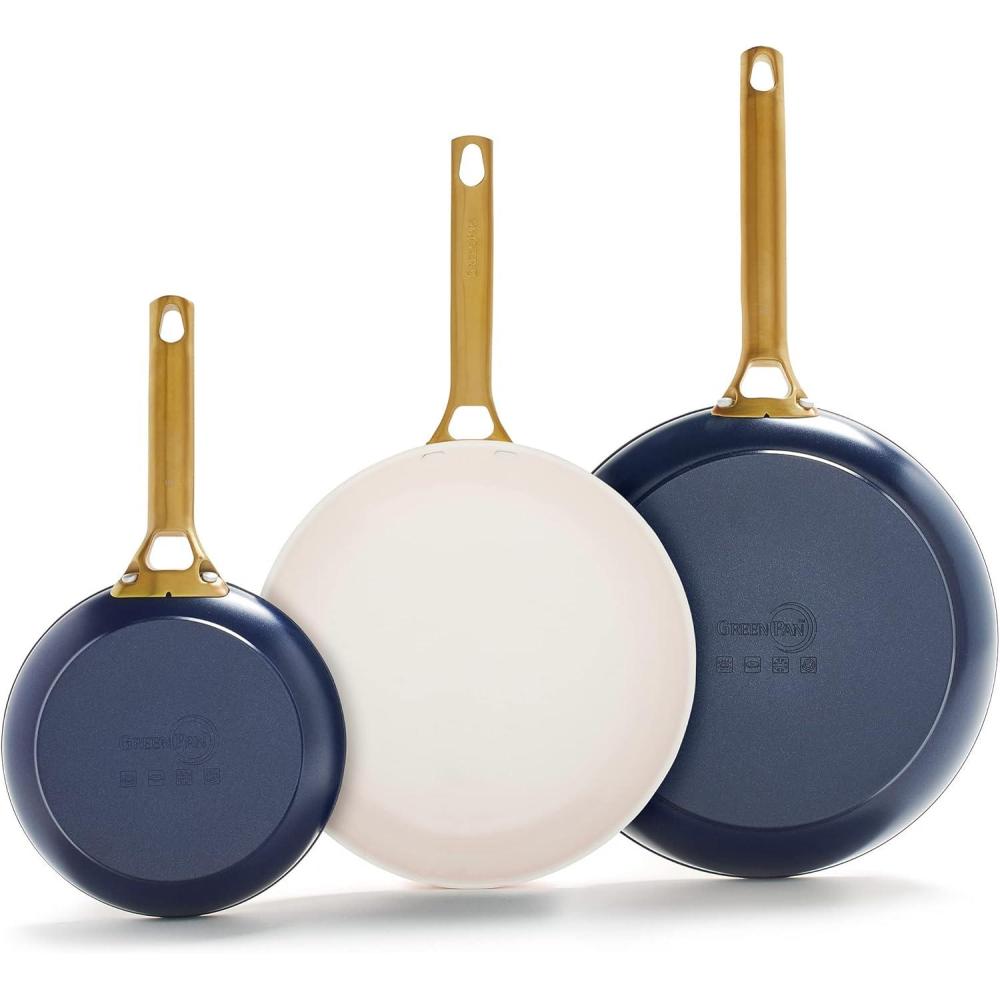 GreenPan Hard Anodized Healthy Ceramic Nonstick 8″ 10″ and 12″ 3 Piece Frying Pan Skillet Set, Gold Handle, Induction, PFAS-Free, Dishwasher Safe, Oven Safe, Twilight Blue(Twilight Blue)