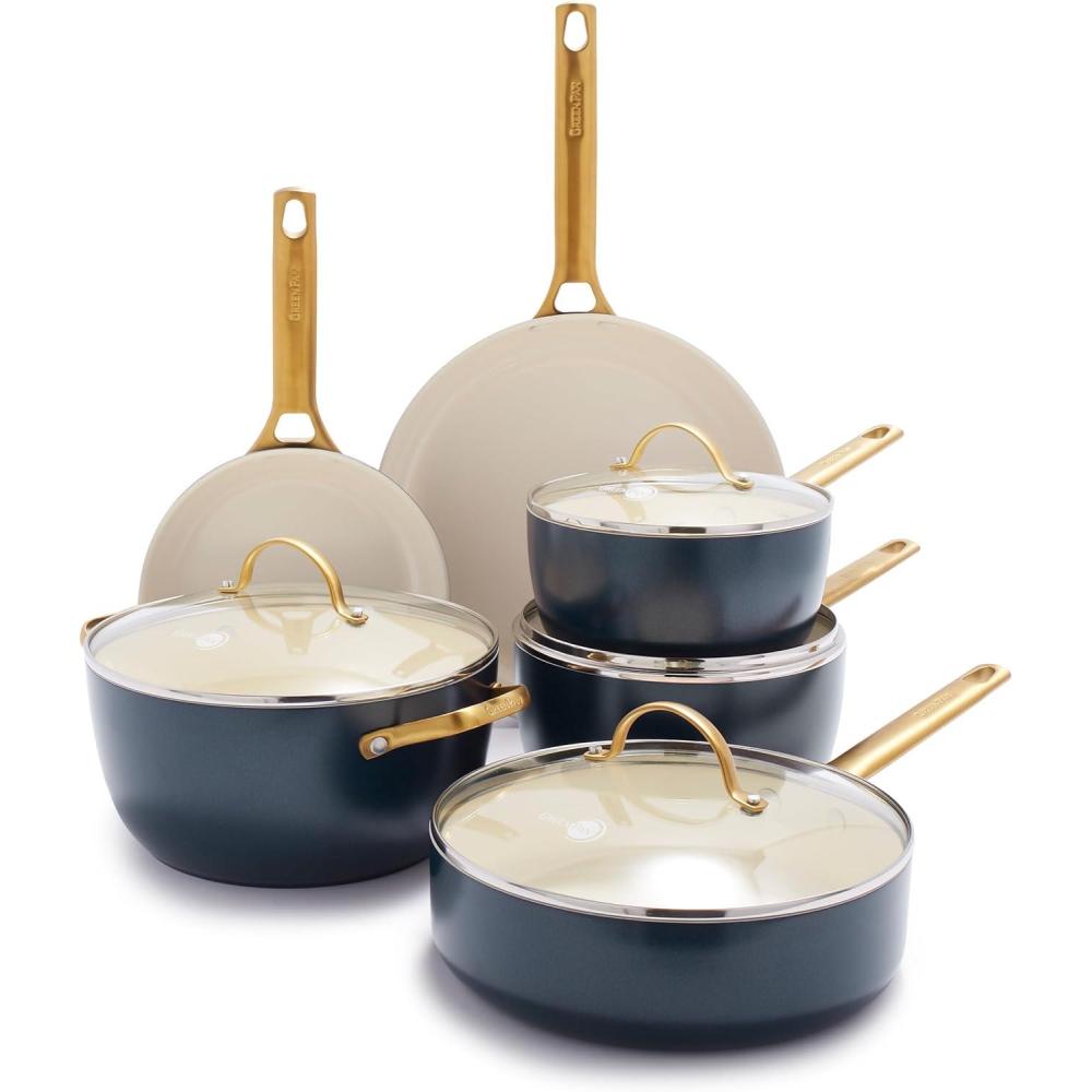GreenPan Hard Anodized Healthy Ceramic Nonstick 10 Piece Cookware Pots and Pans Set, Gold-Tone Stainless Steel Handles, PFAS & PFOA-Free, Dishwasher Safe, Oven & Broiler Safe, Sage Green(Twilight Blue)