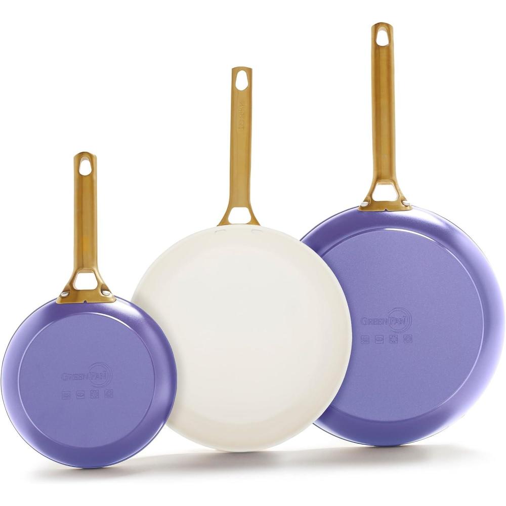 GreenPan Hard Anodized Healthy Ceramic Nonstick 8″ 10″ & 12″ 3 Piece Frying Pan Skillet Set, Gold Handle, PFAS-Free, Dishwasher Safe, Oven Safe, Cream White(Periwinkle)