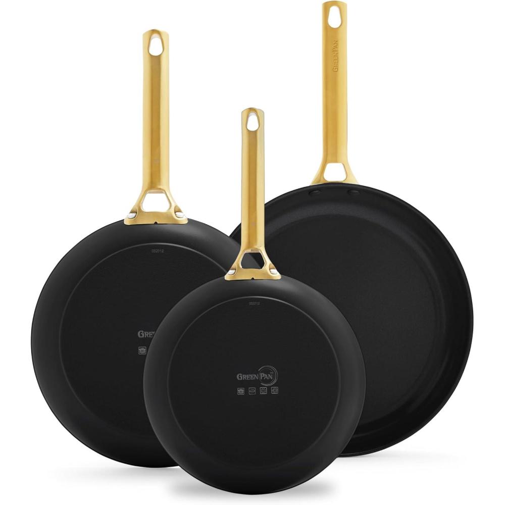 GreenPan Hard Anodized Healthy Ceramic Nonstick, 8″ 10″ and 12″ 3 Piece Frying Pan Skillet Set, Gold Handle, PFAS-Free, Dishwasher Safe, Oven Safe, Sage(Black)
