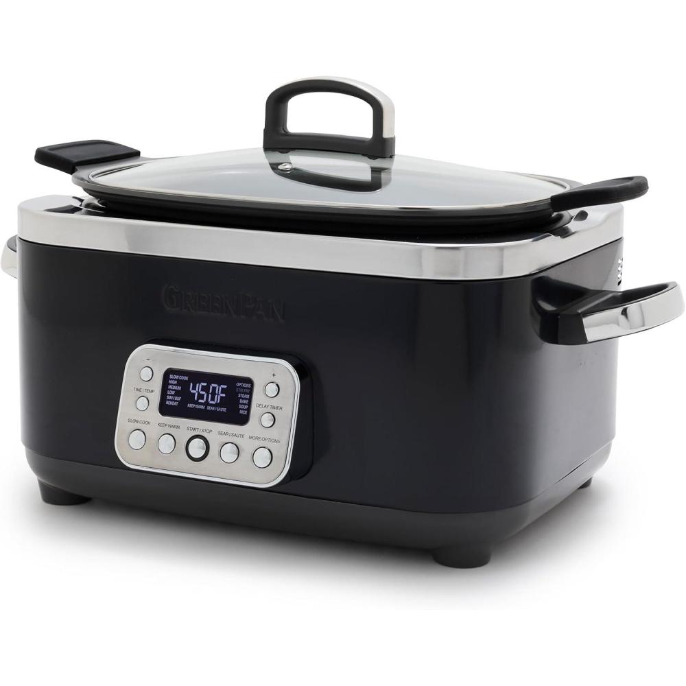 GreenPan Elite 14-in-1 Nonstick 6QT Electric Slow Cooker, PFAS-Free Ceramic Multi-Cooker, In-Pot Browning, Dishwasher Safe Lid & Removable Crock, Stainless Steel Steamer, Silicone Handles, Black(Black)