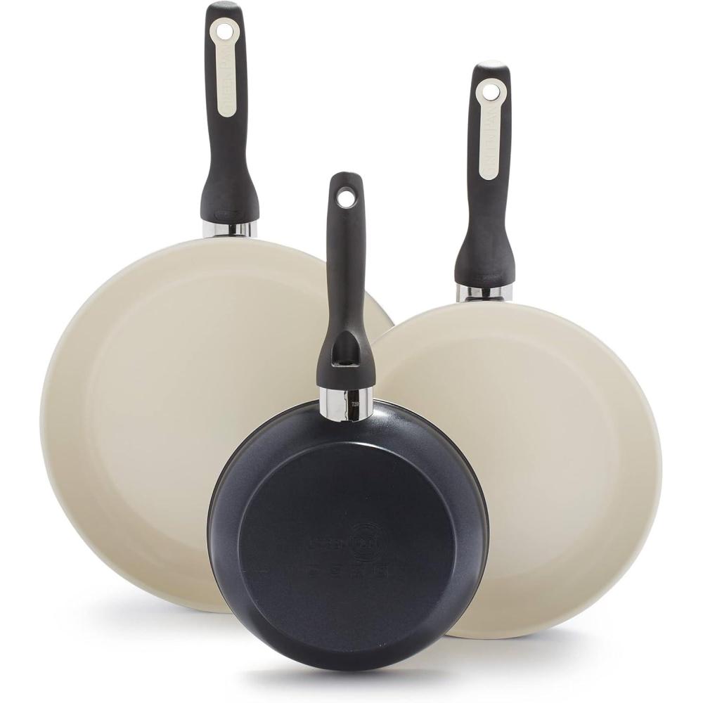GreenPan Rio Hard Anodized Healthy Ceramic Nonstick, 7″ 9.5″ and 11″ 3 Piece Frying Pan Skillet Set, Soft Grip Handle, PFAS-Free, Dishwasher Safe, Oven Safe, Pink(Black)