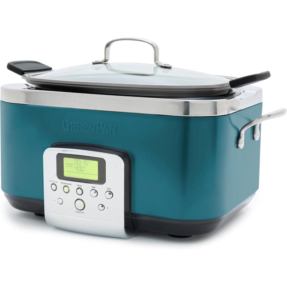 GreenPan Elite 14-in-1 Nonstick 6QT Electric Slow Cooker, PFAS-Free Ceramic Multi-Cooker, In-Pot Browning, Dishwasher Safe Lid & Removable Crock, Stainless Steel Steamer, Silicone Handles, Black(Deep Teal)