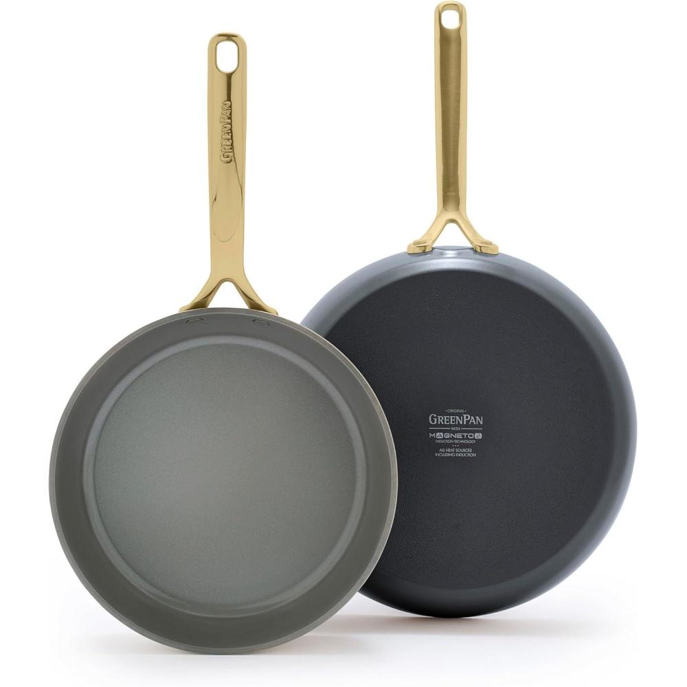 GreenPan GP5 Hard Anodized Healthy Ceramic Nonstick 9.5 & 11 2 Piece Frying Pan Skillet Set,Heavy Gauge Scratch Resistant,Stay-Flat Surface, Induction, Mirror Finish Handle,Oven Safe,PFAS-Free,Taupe(Slate)