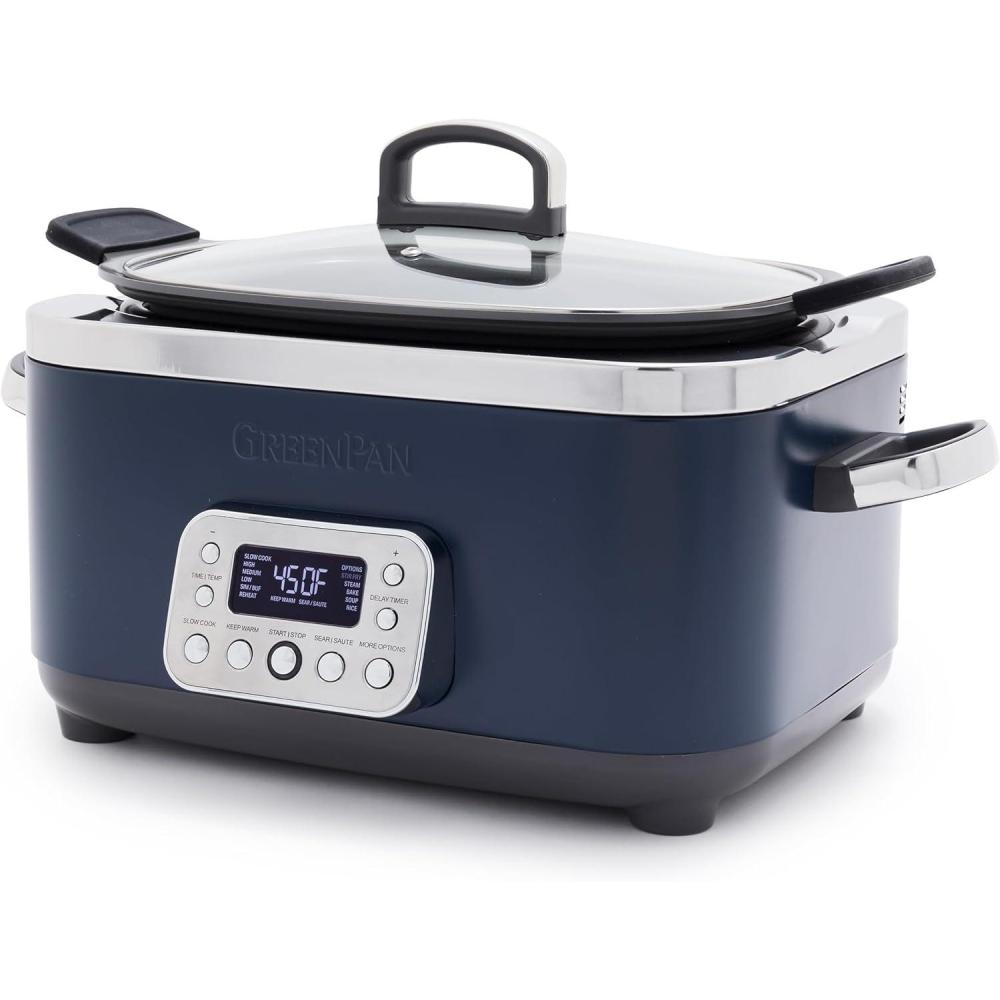 GreenPan Elite 14-in-1 Nonstick 6QT Electric Slow Cooker, PFAS-Free Ceramic Multi-Cooker, In-Pot Browning, Dishwasher Safe Lid & Removable Crock, Stainless Steel Steamer, Silicone Handles, Black(Oxford Blue)