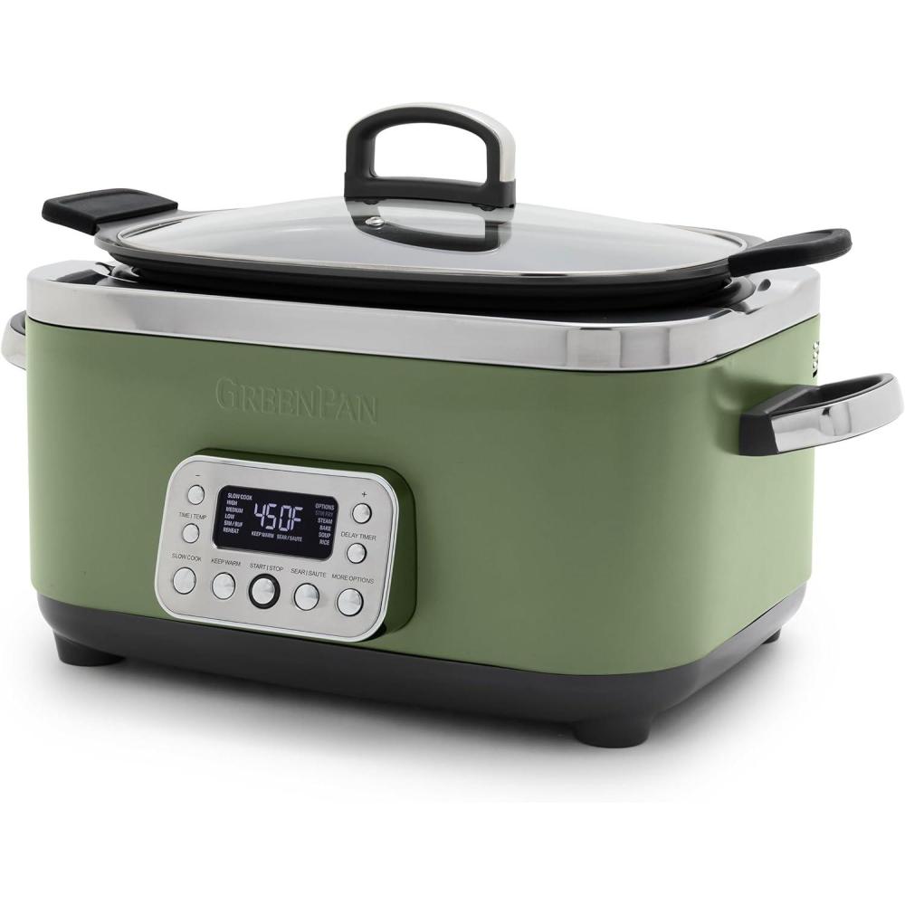 GreenPan Elite 14-in-1 Nonstick 6QT Electric Slow Cooker, PFAS-Free Ceramic Multi-Cooker, In-Pot Browning, Dishwasher Safe Lid & Removable Crock, Stainless Steel Steamer, Silicone Handles, Black(Sage Green)