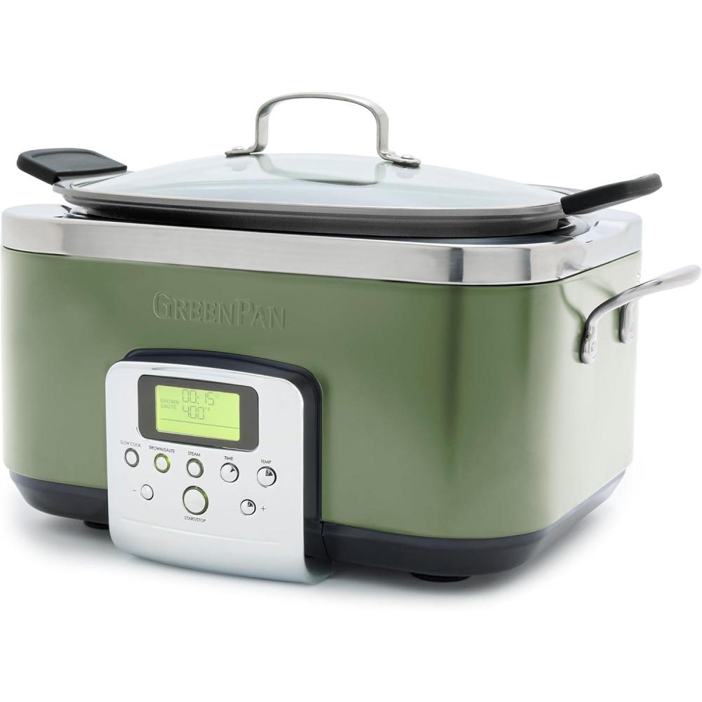 GreenPan Elite 8-in-1 Programmable 6QT Electric Slow Cooker, Dishwasher Safe Lid & Removable Crock, PFAS-Free Healthy Ceramic Nonstick Multi-Cooker, Sear, Sauté, Brown, Steam Basket, Roast, Sage Green