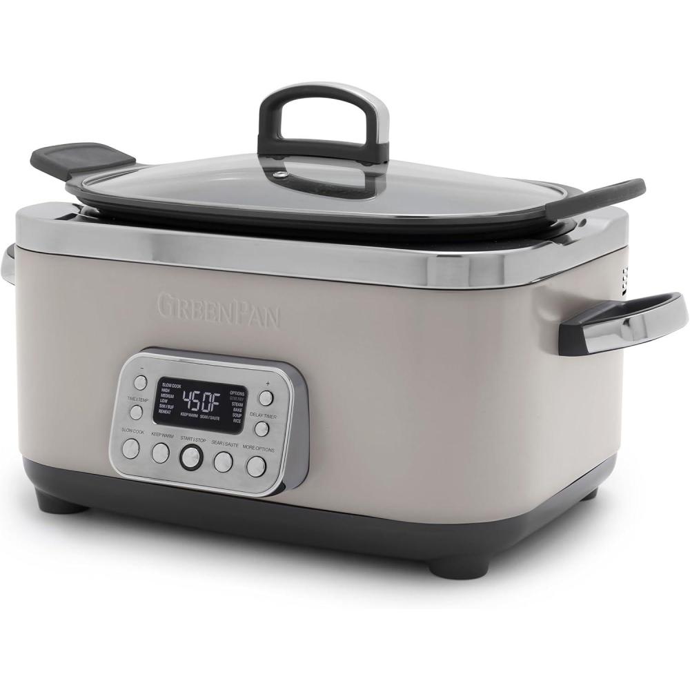 GreenPan Elite 14-in-1 Nonstick 6QT Electric Slow Cooker, PFAS-Free Ceramic Multi-Cooker, In-Pot Browning, Dishwasher Safe Lid & Removable Crock, Stainless Steel Steamer, Silicone Handles, Black(Clay)